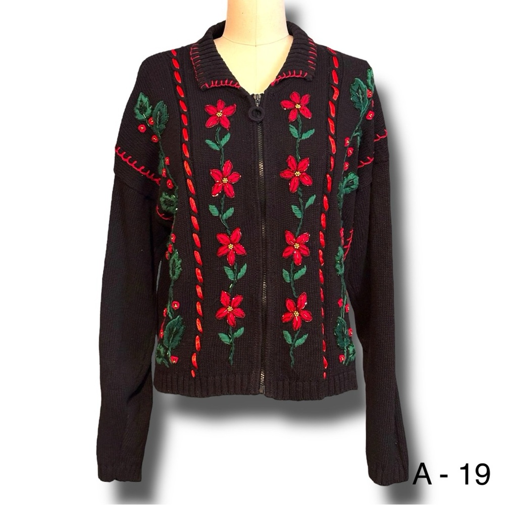 Ugly Christmas Sweater Work In Progress Embroidered Beaded Sweater Sz L 14/16